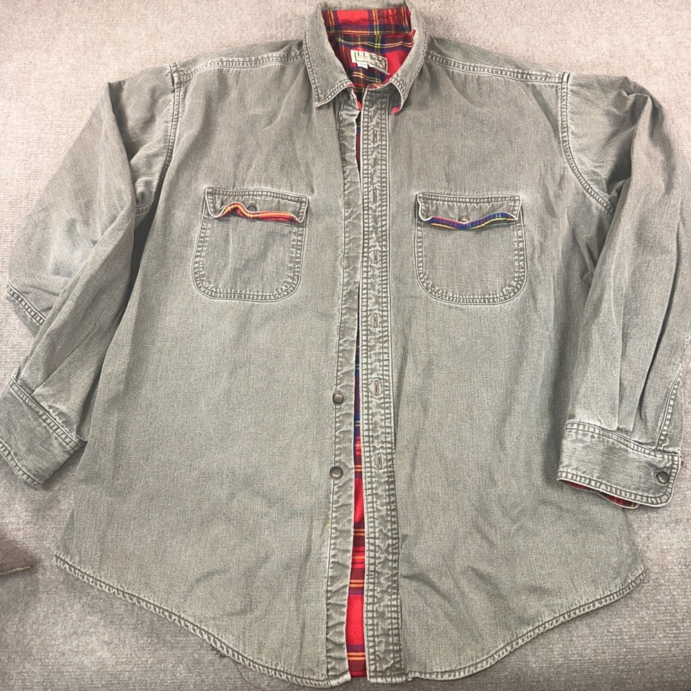 LL Bean Flannel Lined Canvas Shirt Mens Large Green Plaid Made in USA 6890